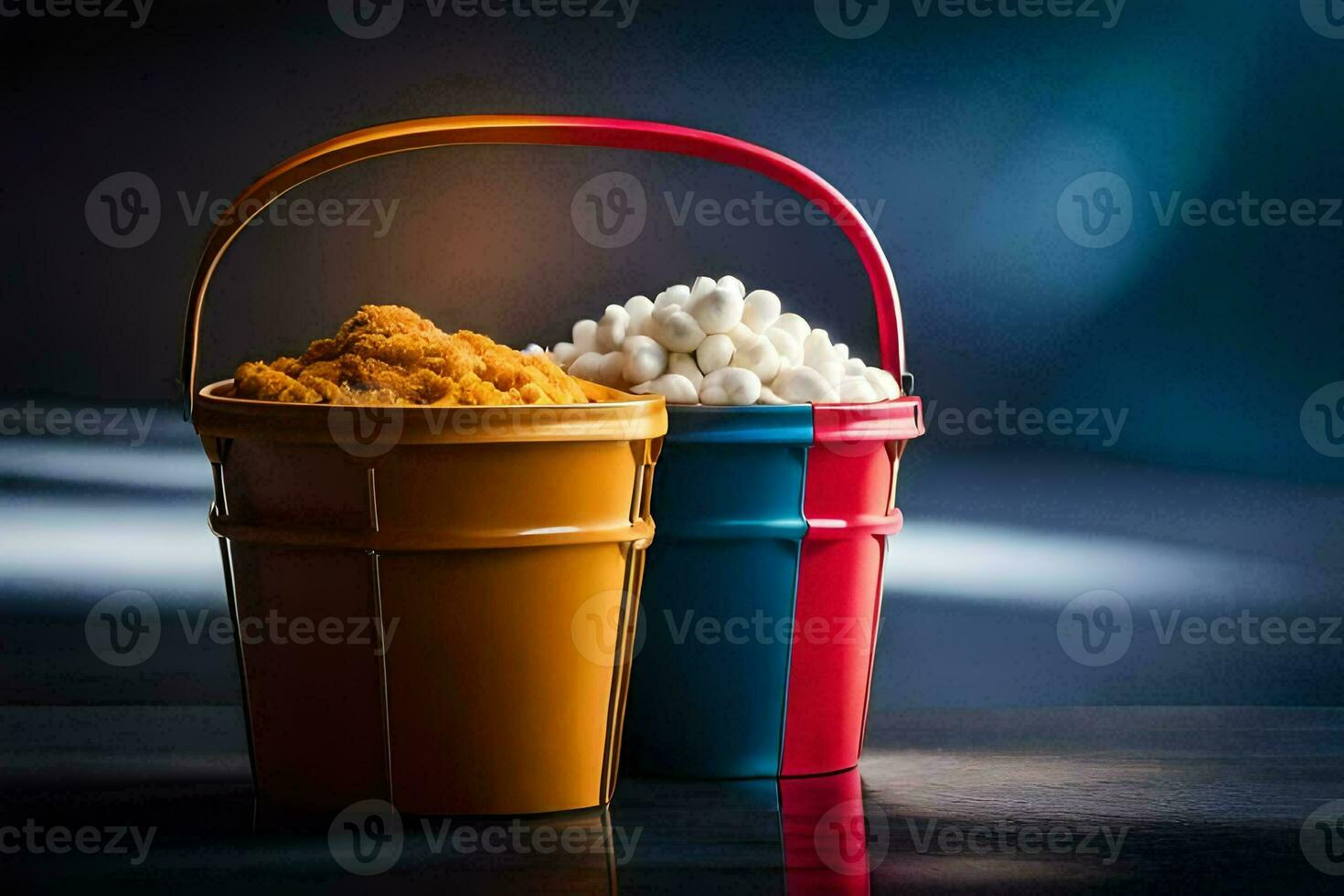 two buckets of popcorn and marshmallows on a dark surface. AI-Generated photo