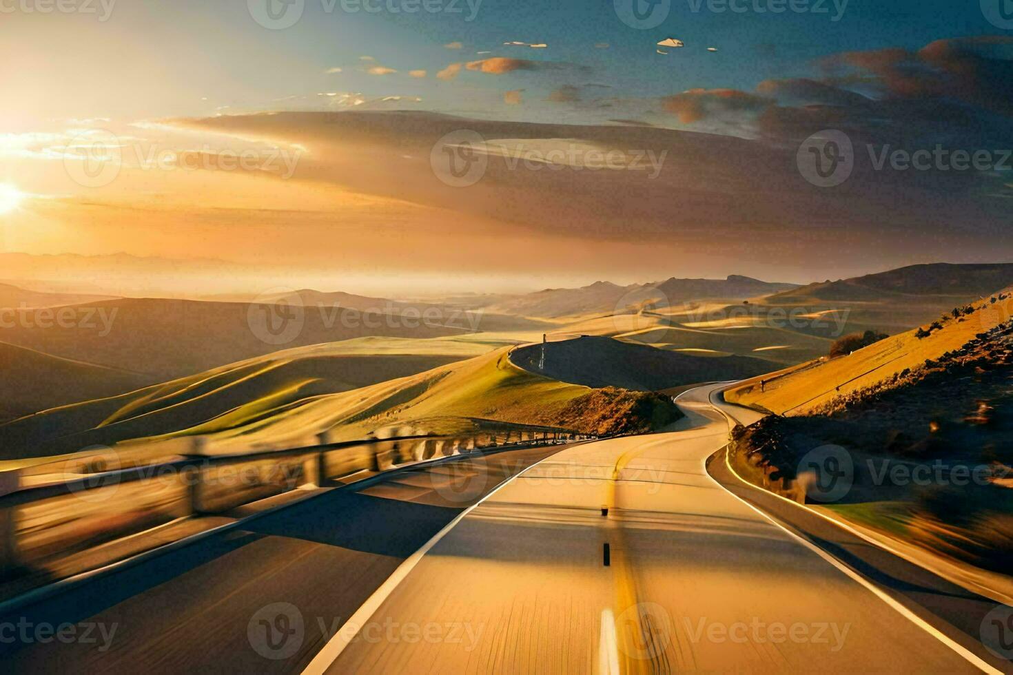 a road in the mountains with the sun setting. AI-Generated photo