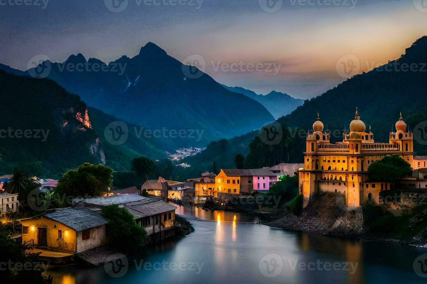 photo wallpaper the sky, mountains, river, city, river, the city, the city,. AI-Generated