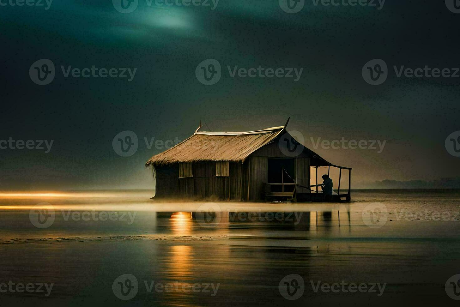 a small hut sits on the water at night. AI-Generated photo