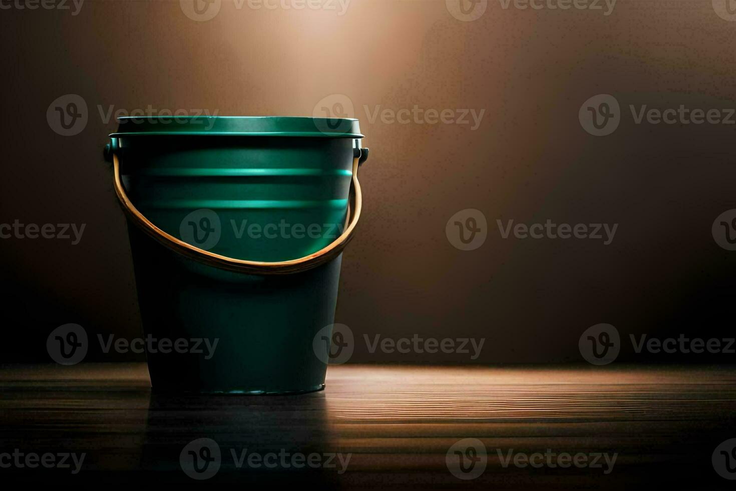 a green bucket sitting on a wooden table. AI-Generated photo
