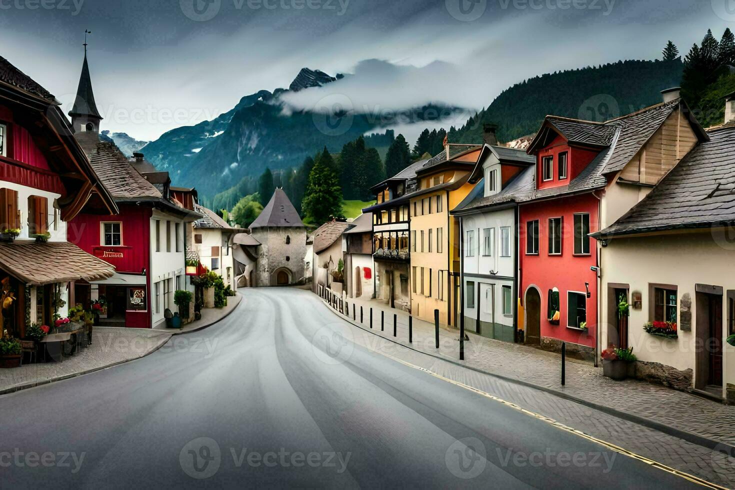 a street in the mountains with houses and mountains in the background. AI-Generated photo