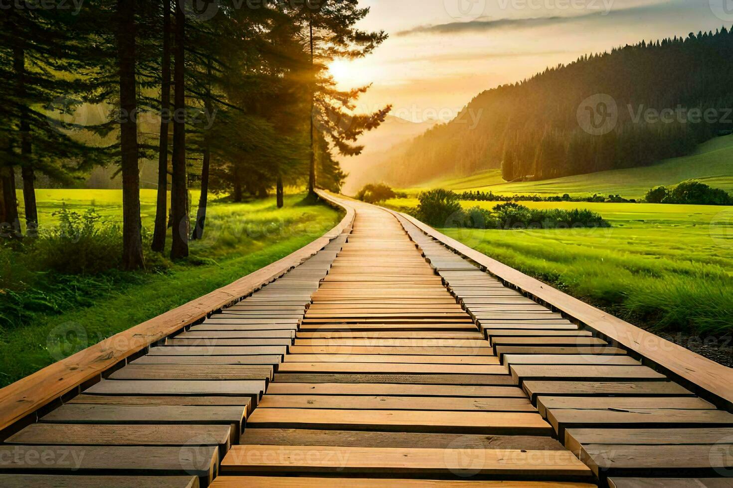 photo wallpaper the sky, grass, trees, path, the sun, the mountains, the forest. AI-Generated