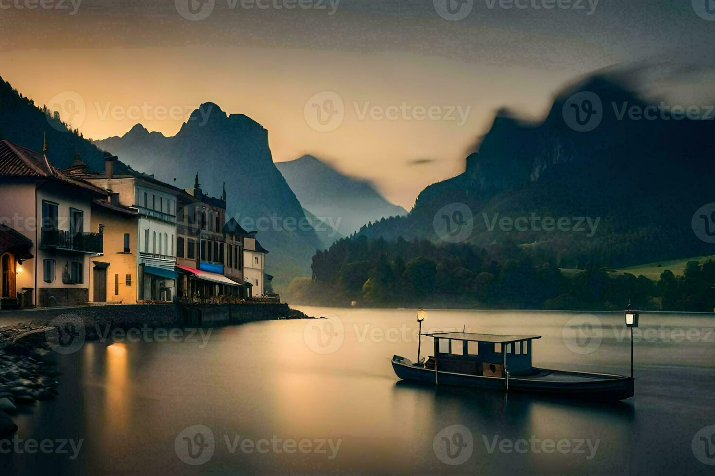 a boat sits on the water in front of a mountain. AI-Generated photo