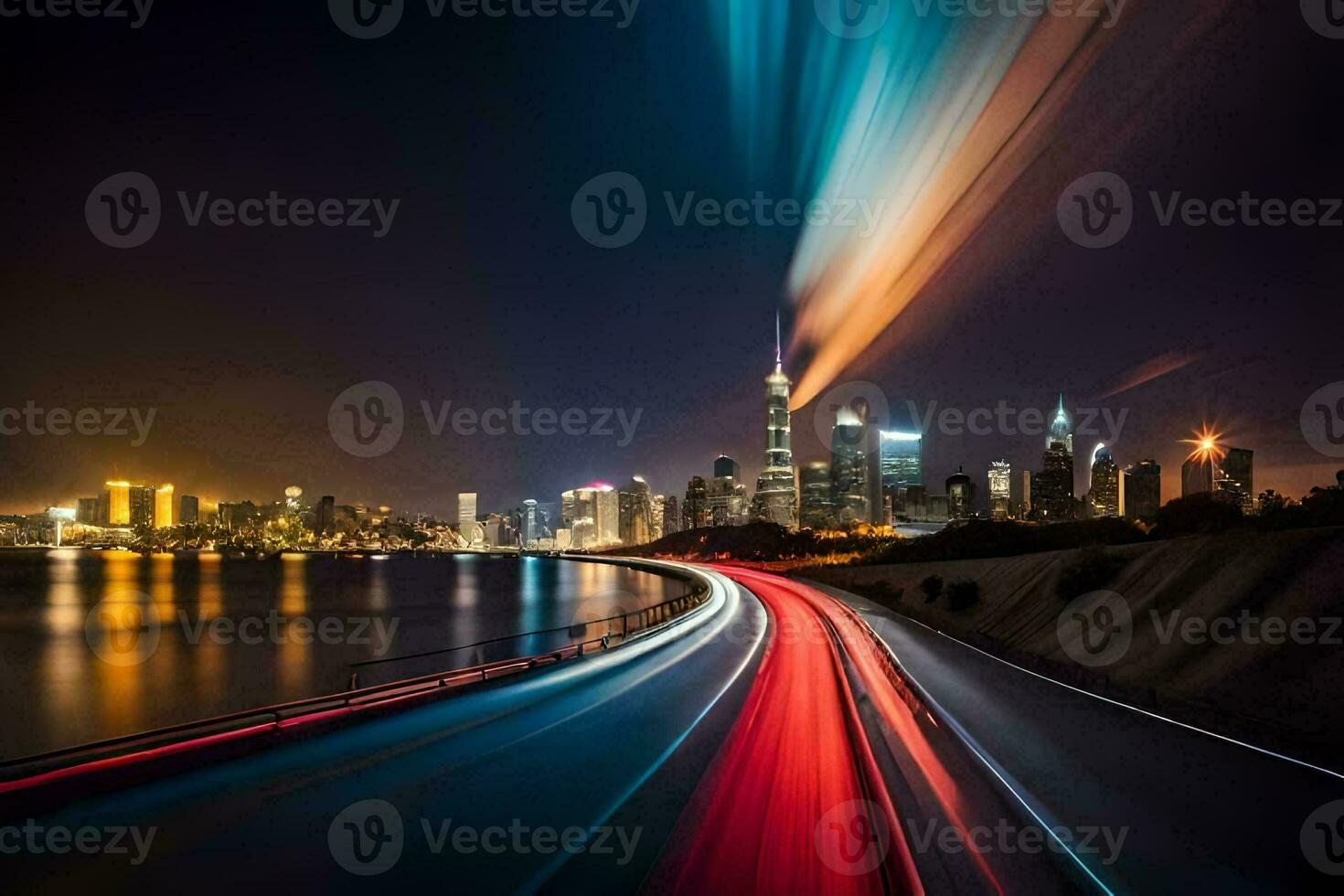 long exposure photograph of a city skyline at night. AI-Generated photo