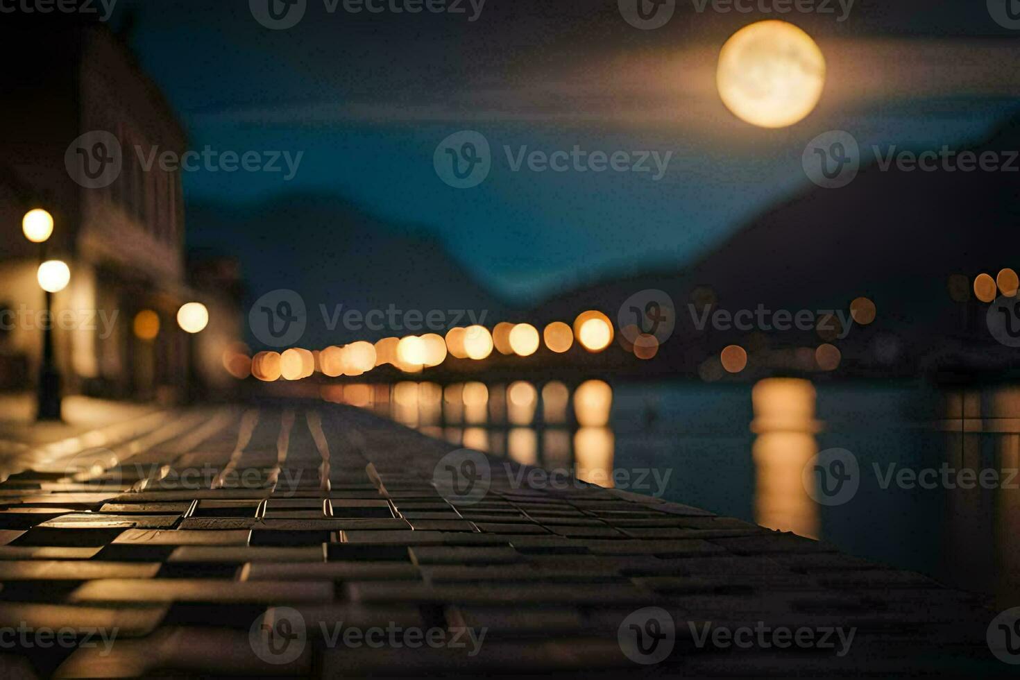 un calle con luces y un Luna terminado él. generado por ai foto