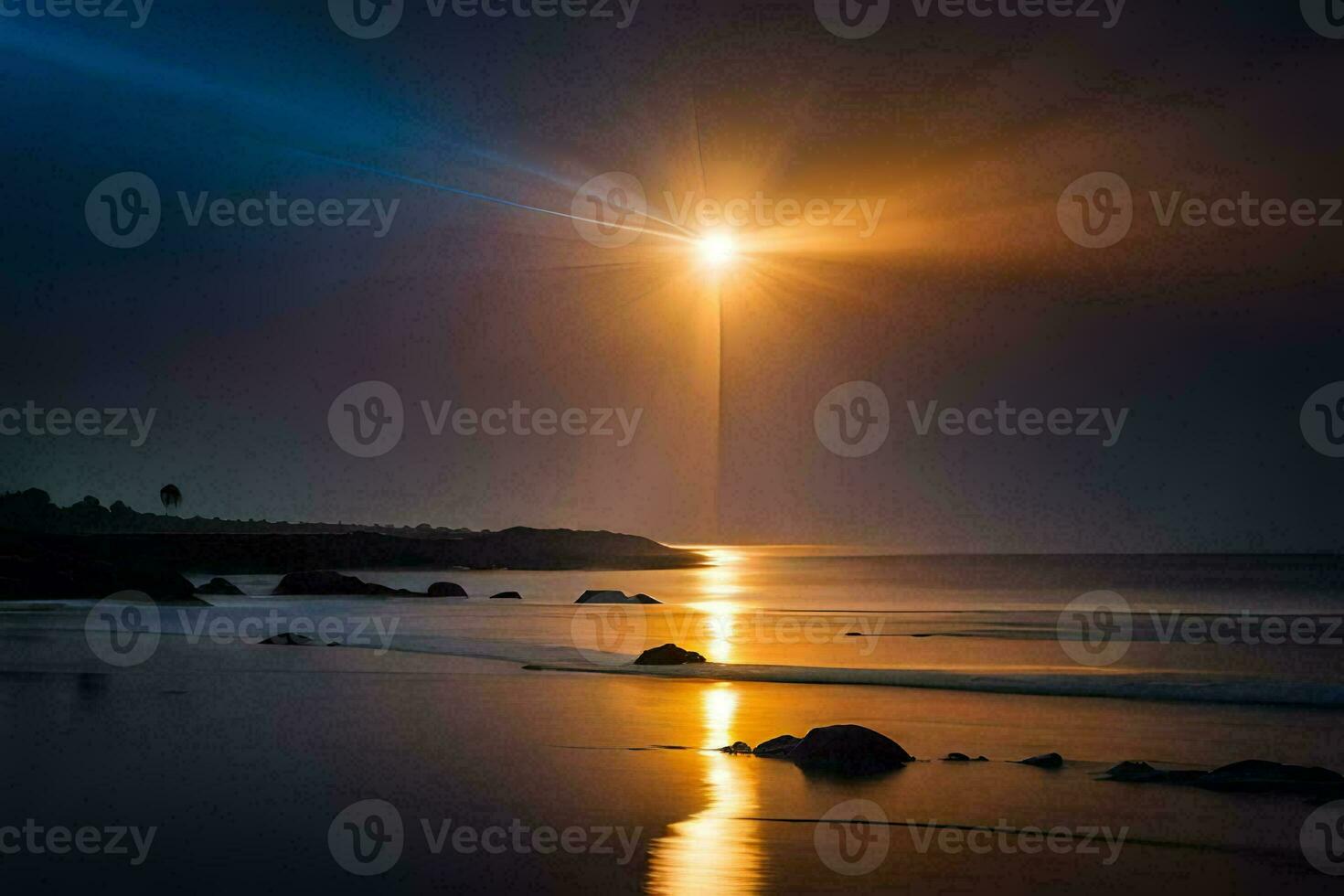 the sun shines brightly over the ocean and rocks. AI-Generated photo