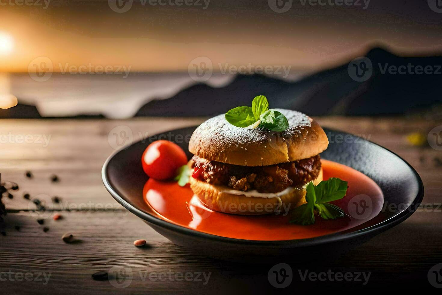 a hamburger with tomato sauce on a plate. AI-Generated photo