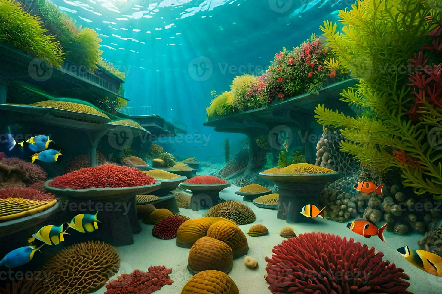 an underwater scene with coral and fish. AI-Generated photo