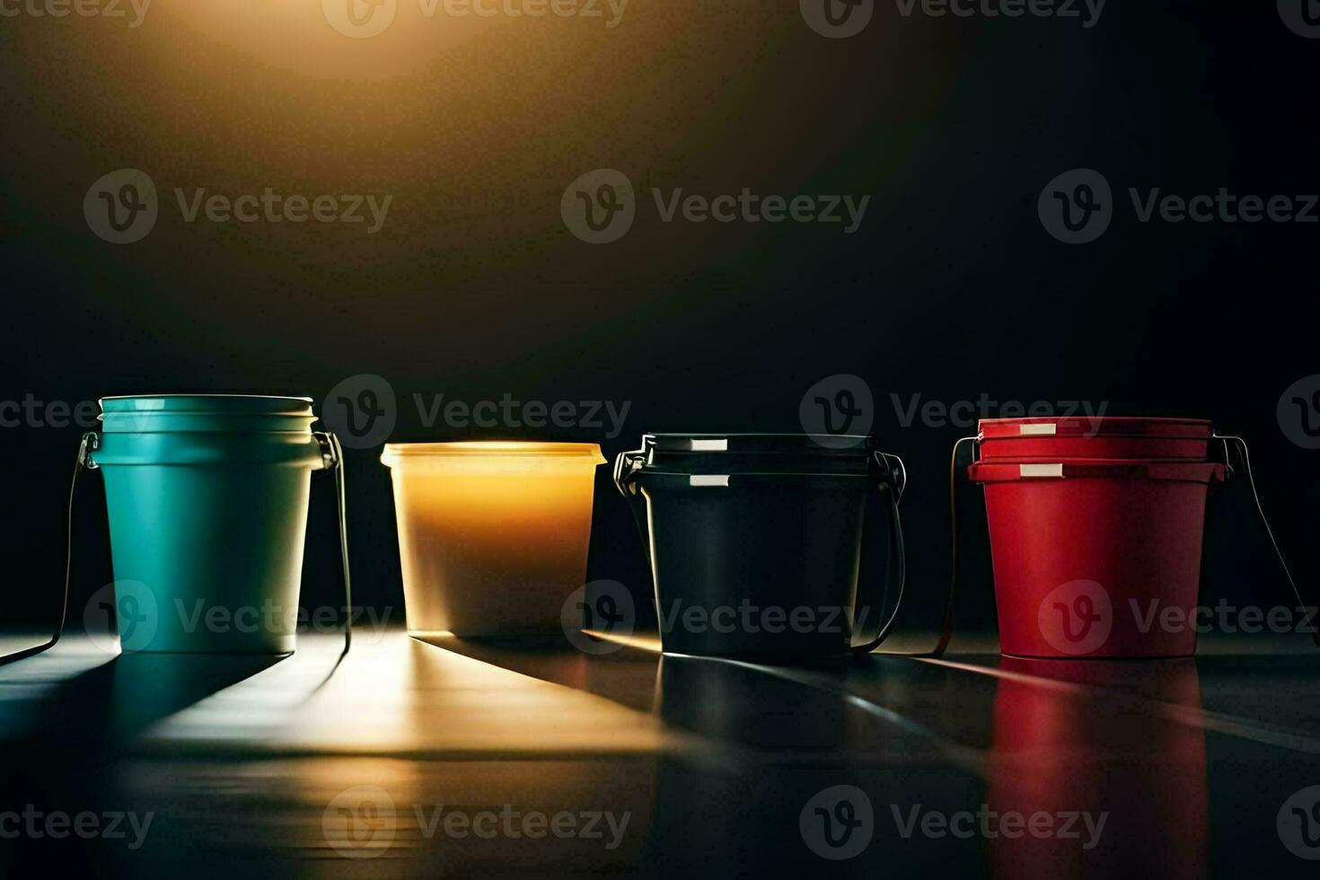 four buckets with different colors on a dark surface. AI-Generated photo