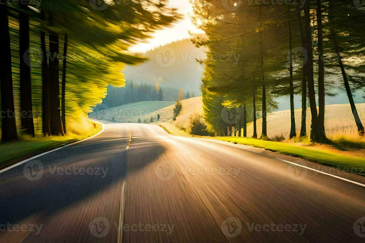 a road in the woods with trees and sun. AI-Generated photo