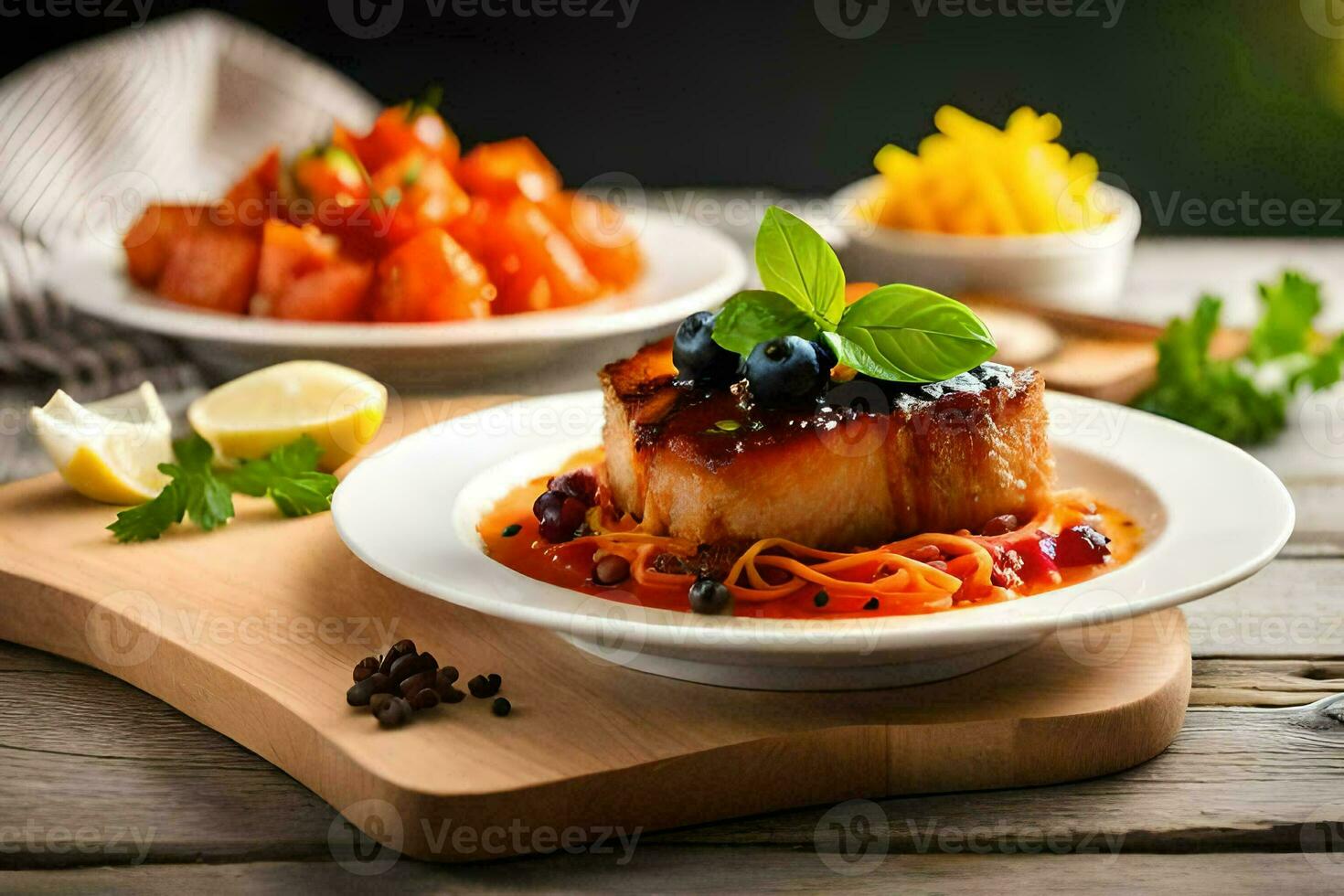 a plate of food with meat and vegetables. AI-Generated photo