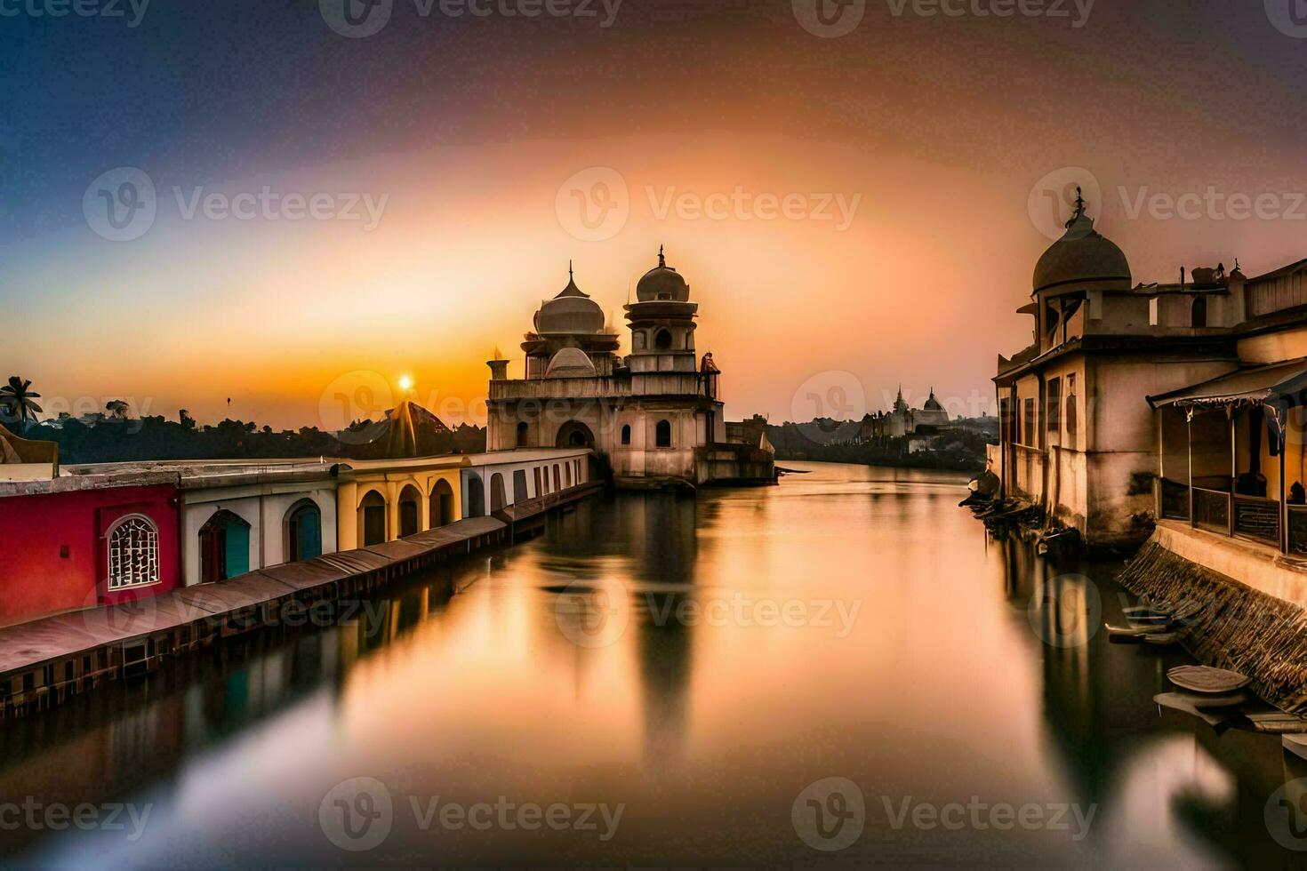 the sun sets over a river in india. AI-Generated photo