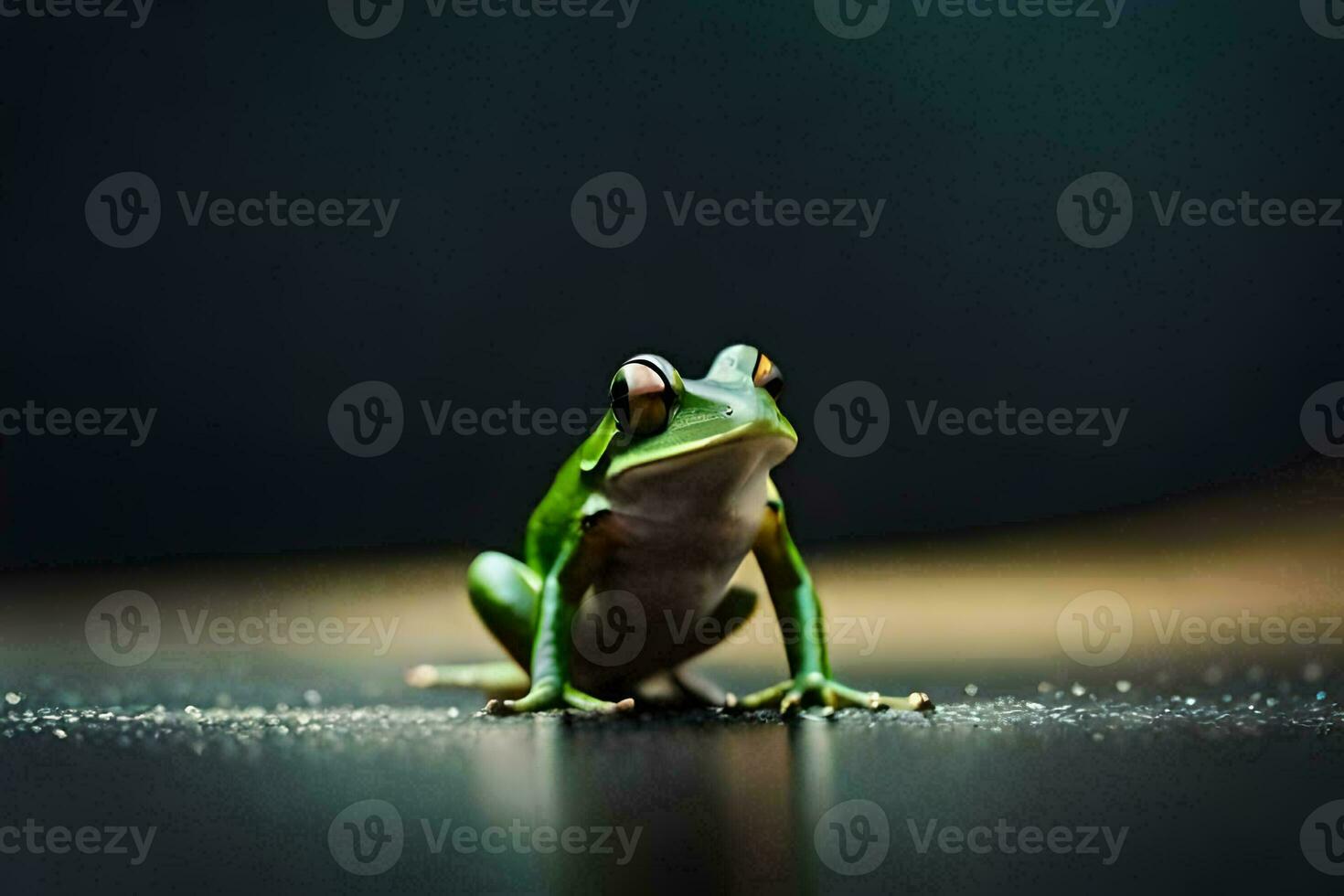 a frog sitting on the ground with a dark background. AI-Generated photo