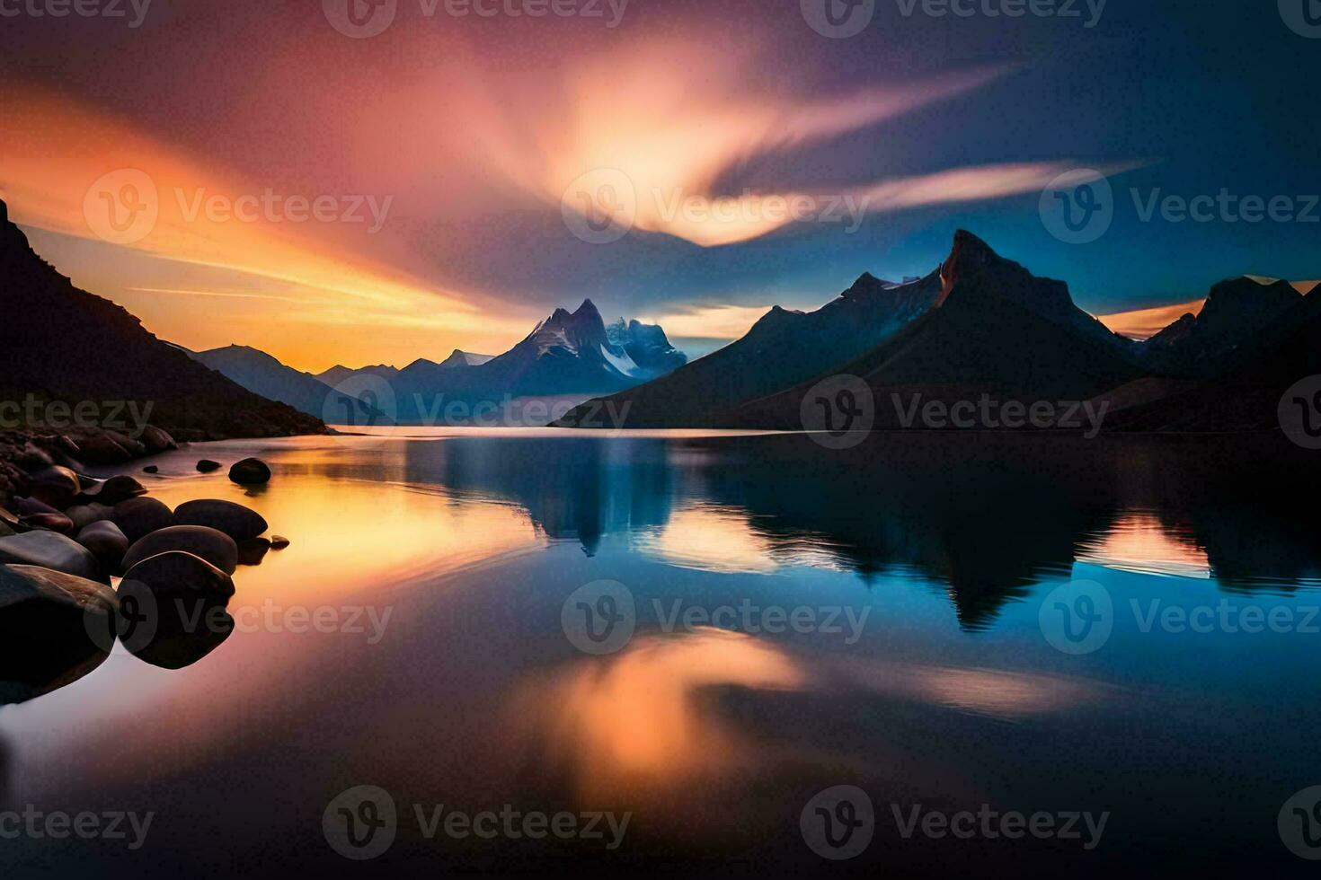 photo wallpaper the sky, mountains, water, rocks, the lake, the mountains, the sky. AI-Generated