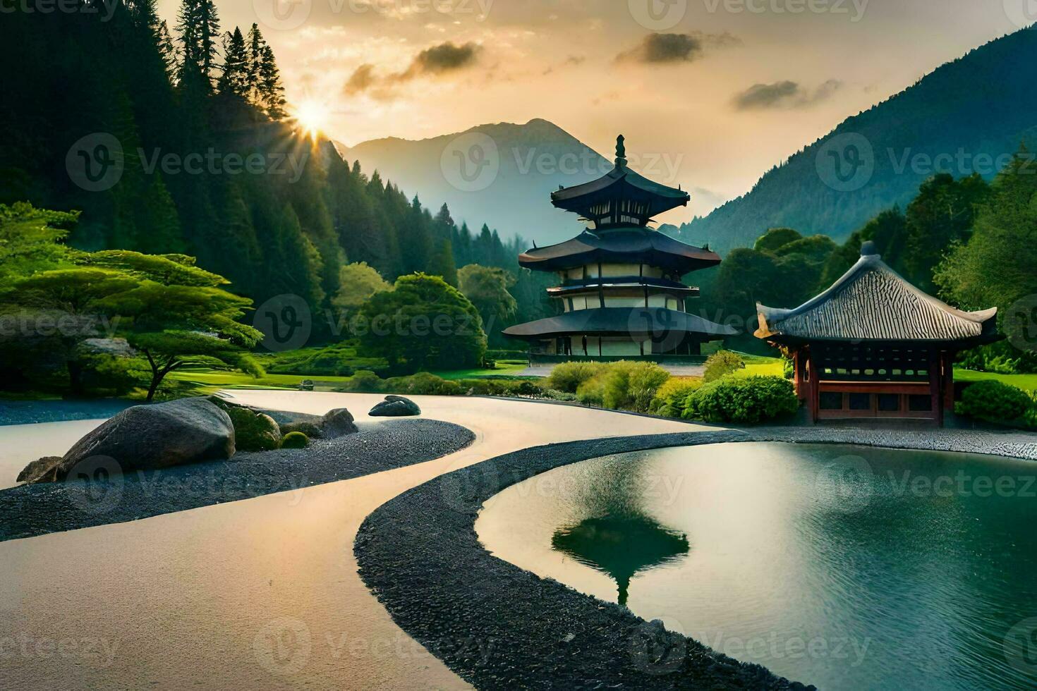 a pagoda sits in the middle of a pond surrounded by mountains. AI-Generated photo