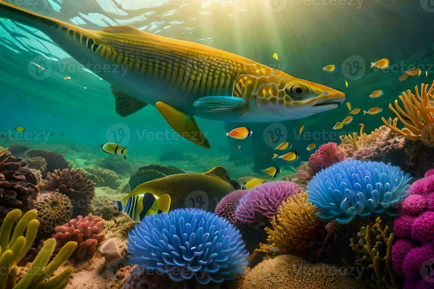 fish swimming in the ocean with coral reefs and fish. AI-Generated photo
