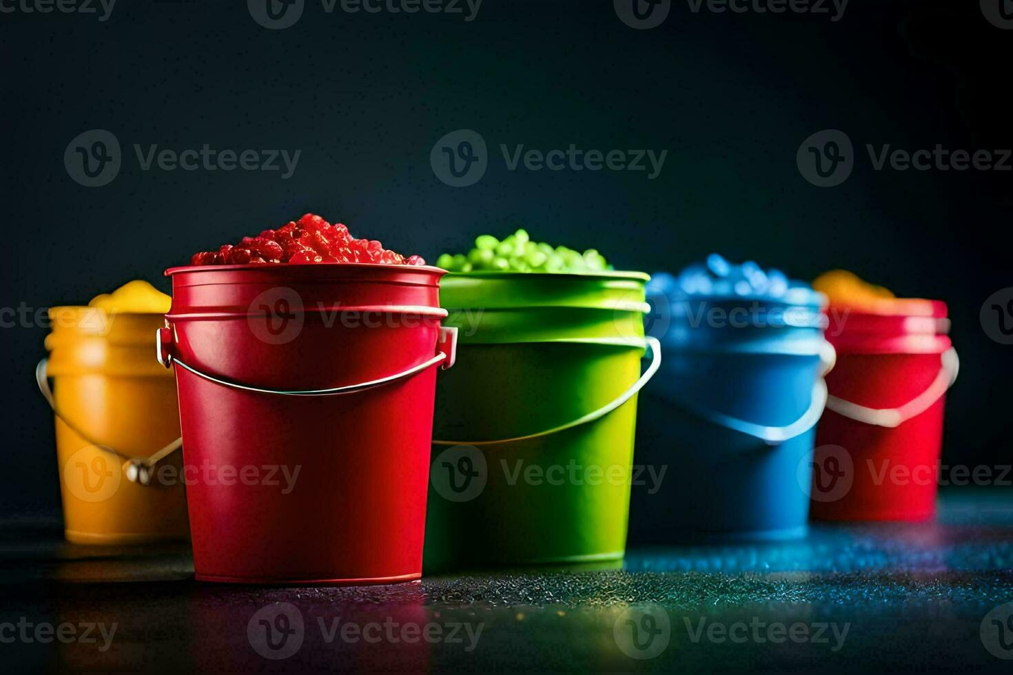 colorful buckets of sand on a dark background. AI-Generated photo