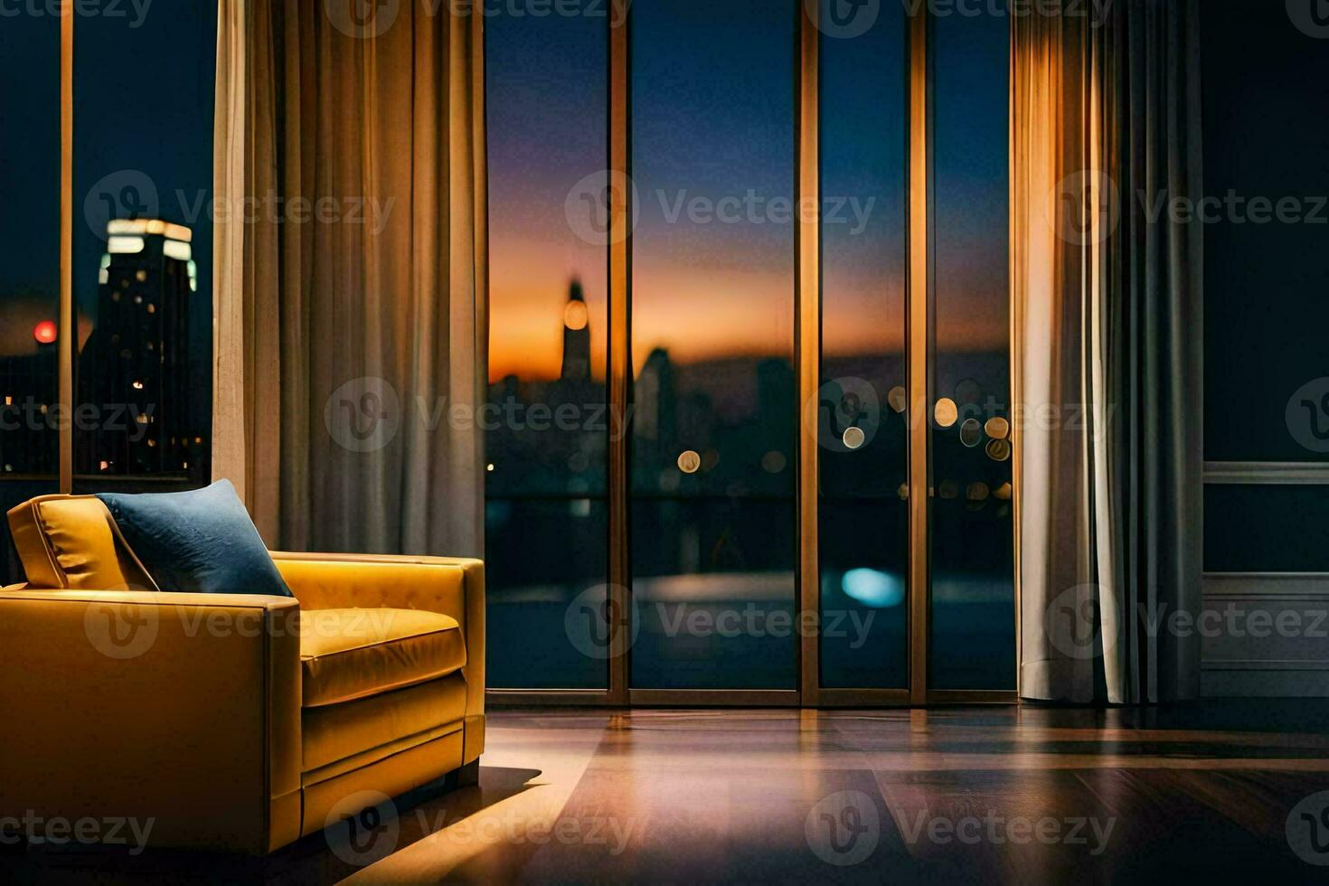 a yellow chair in front of a window with a city view. AI-Generated photo