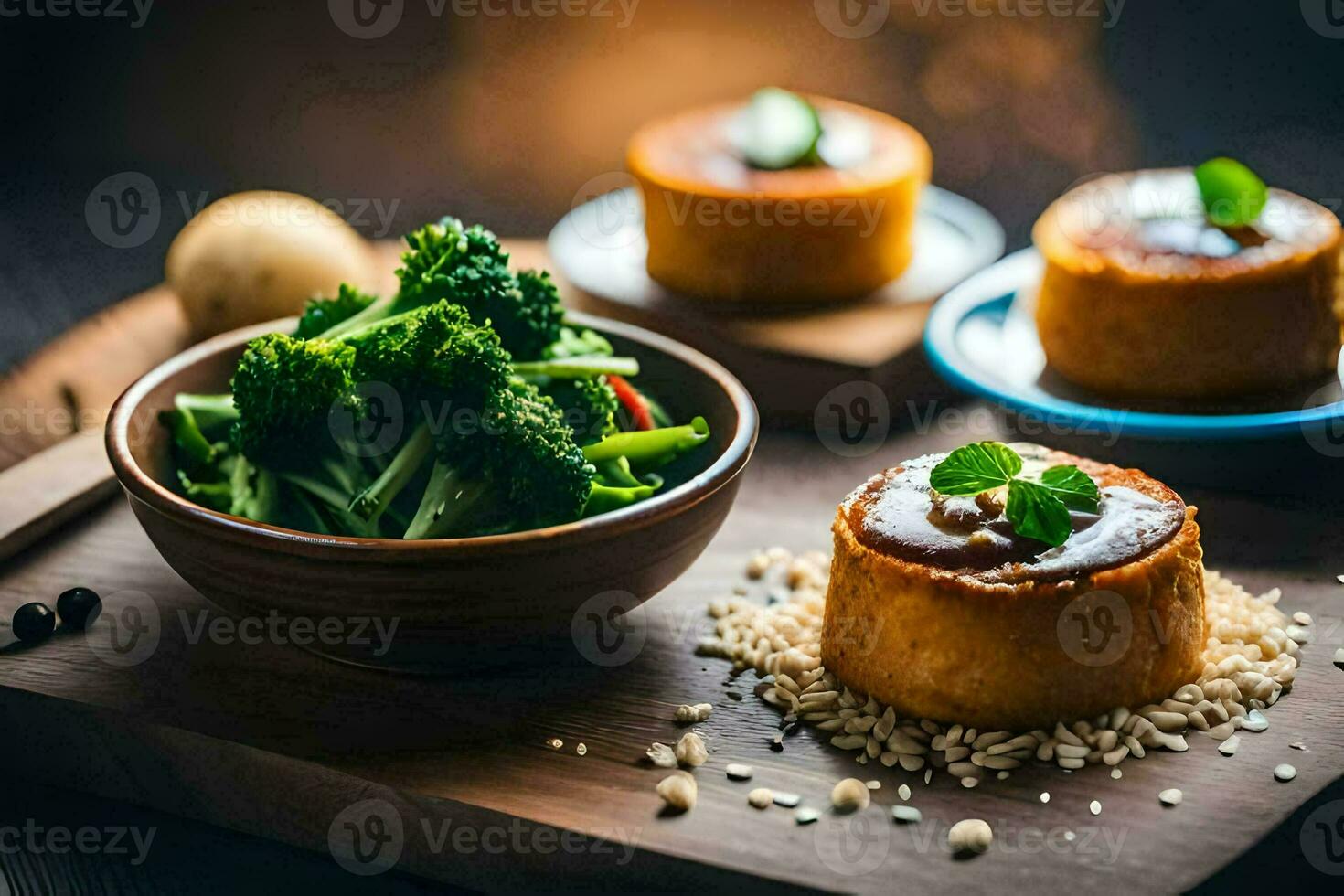 Tres pequeño pasteles en un de madera corte tablero. generado por ai foto