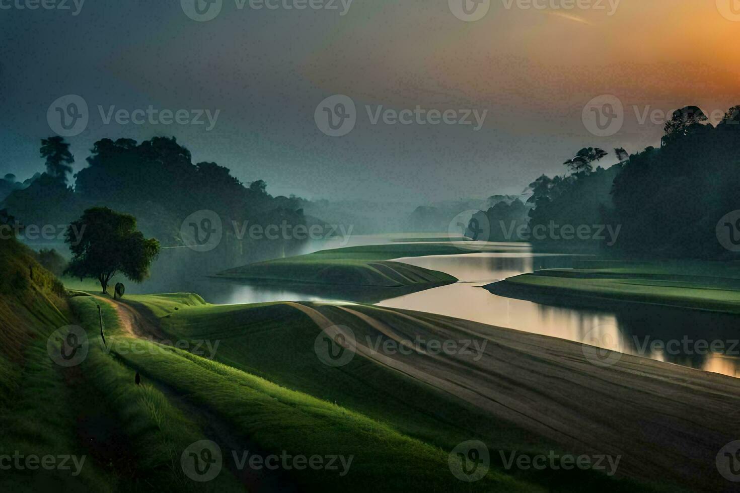 the sun sets over a river in the middle of a field. AI-Generated photo
