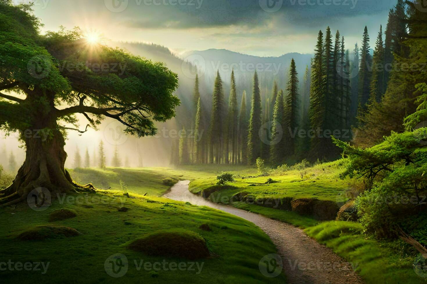 a path leads through a green forest with trees and a sun shining. AI-Generated photo