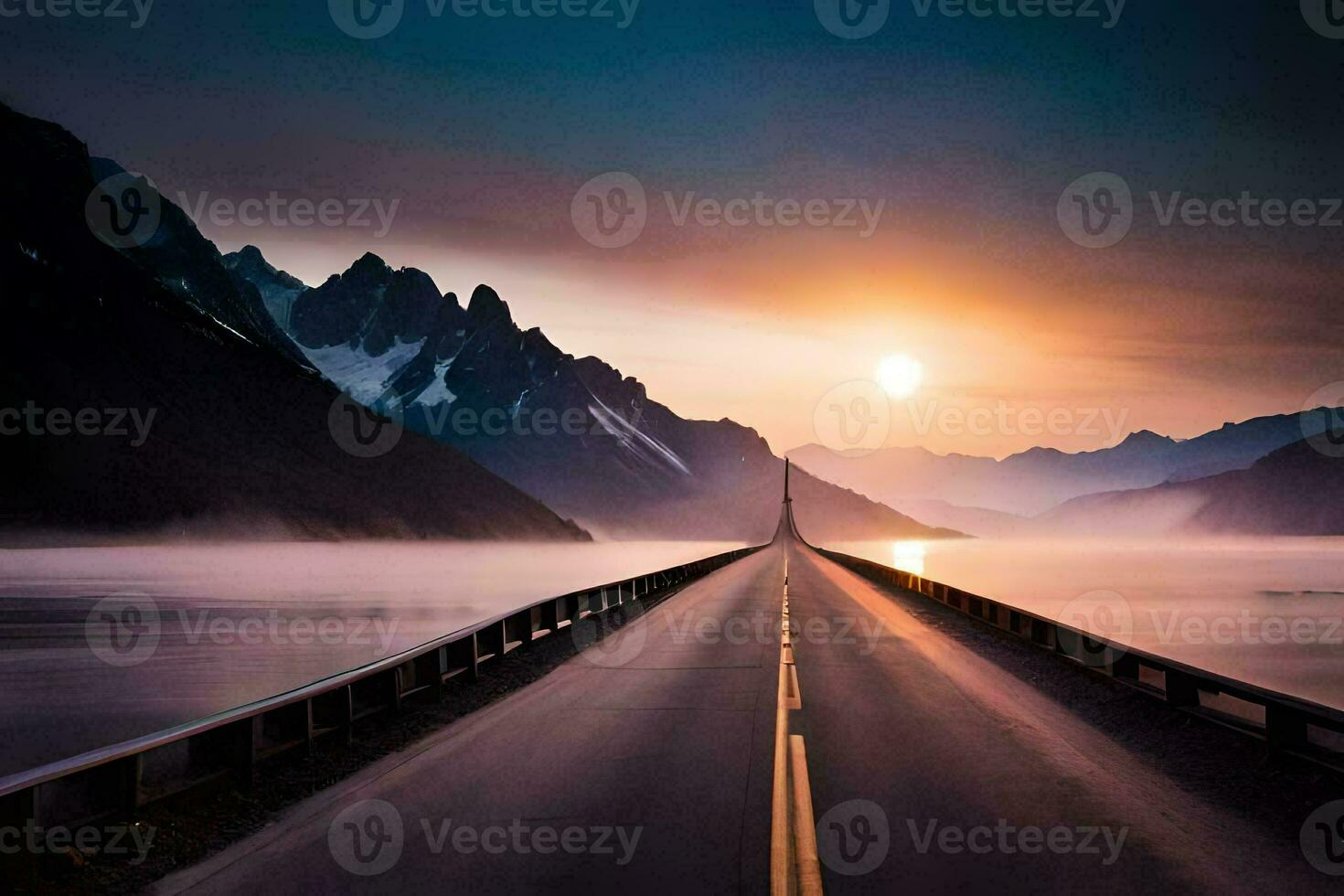 a long road leading to the sun in the mountains. AI-Generated photo