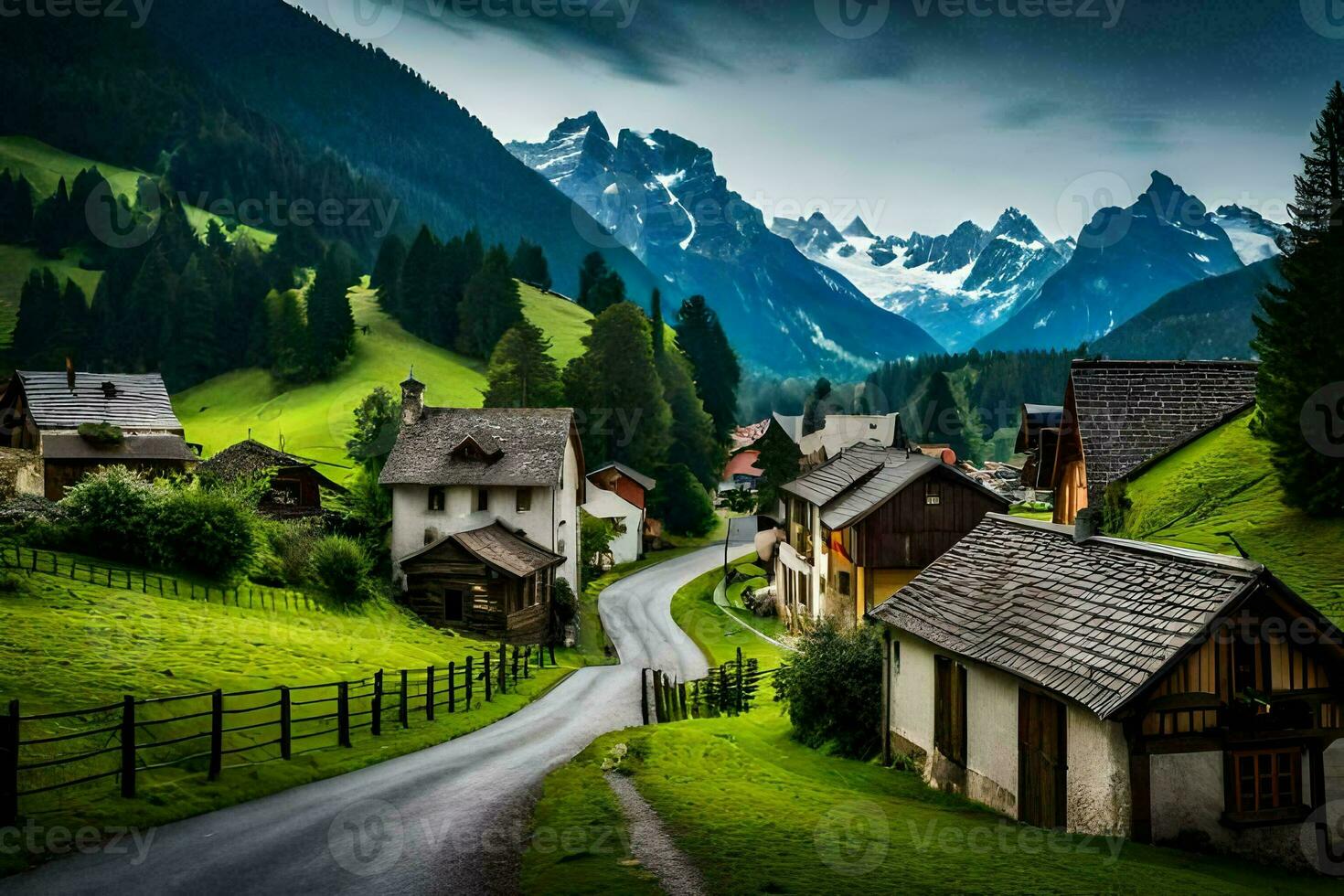 photo wallpaper the sky, mountains, road, houses, trees, village, road, road,. AI-Generated
