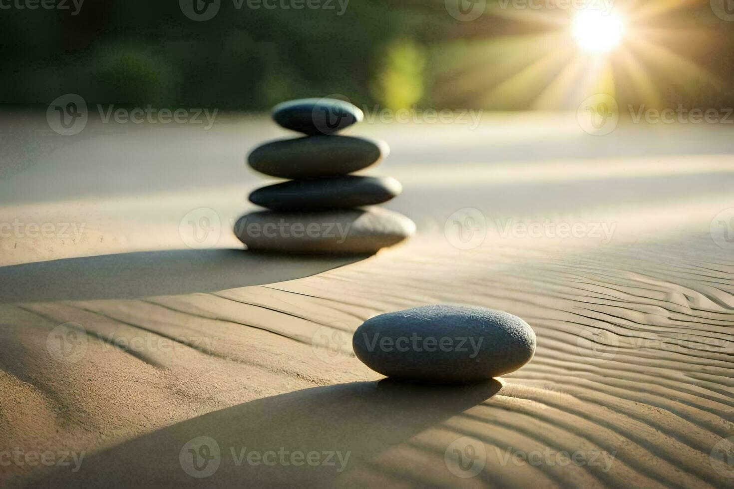 pebbles stacked on the sand in front of the sun. AI-Generated photo