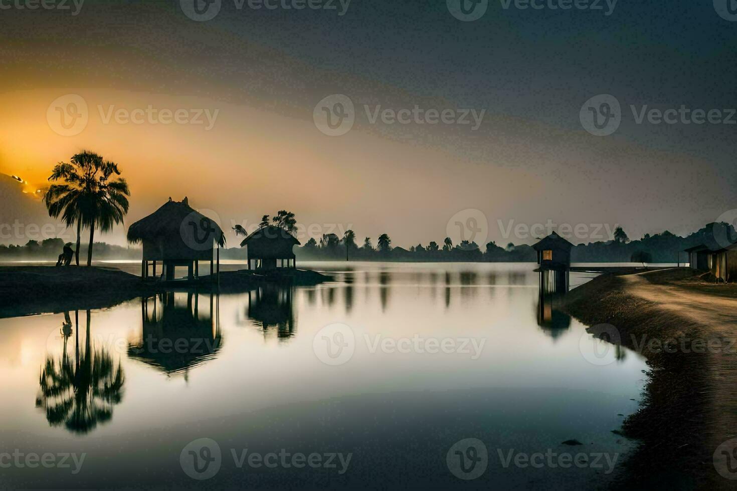 a lake with palm trees and huts at sunset. AI-Generated photo