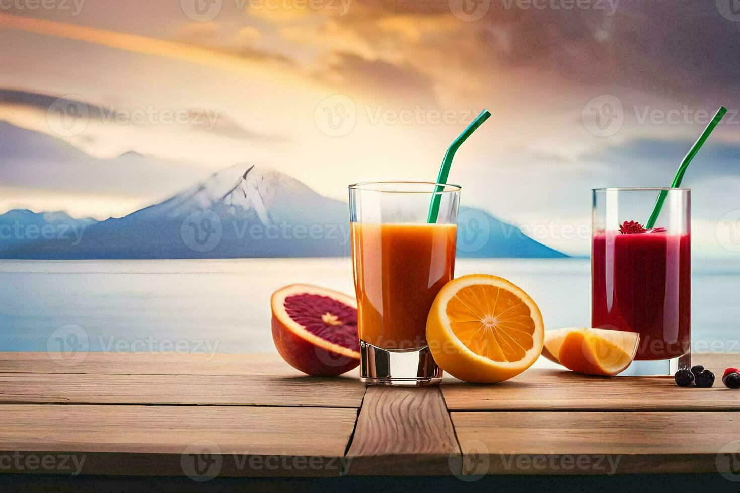 two glasses of juice with oranges and a mountain in the background. AI-Generated photo