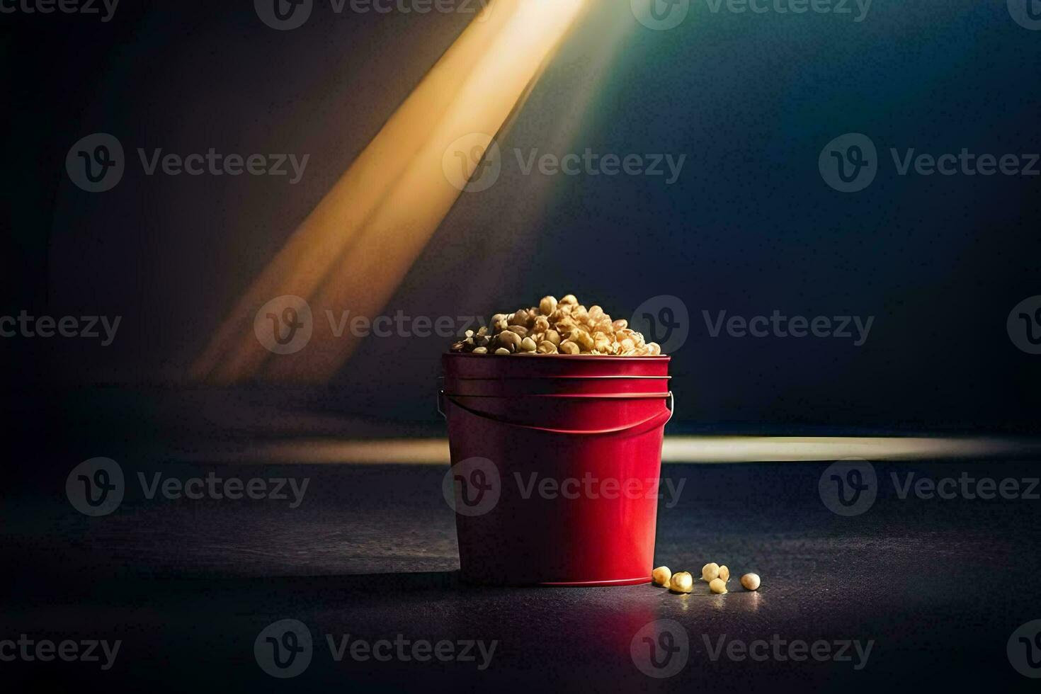 a red bucket filled with popcorn on a dark surface. AI-Generated photo