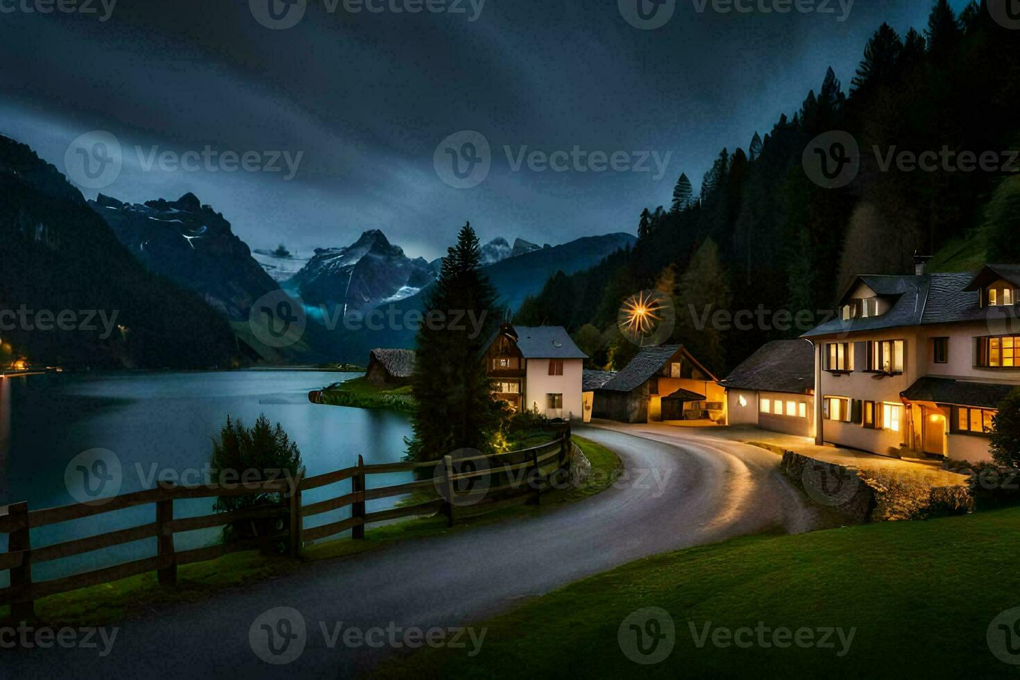 foto fondo de pantalla el cielo, montañas, lago, casa, camino, noche, lago, casa,. generado por ai