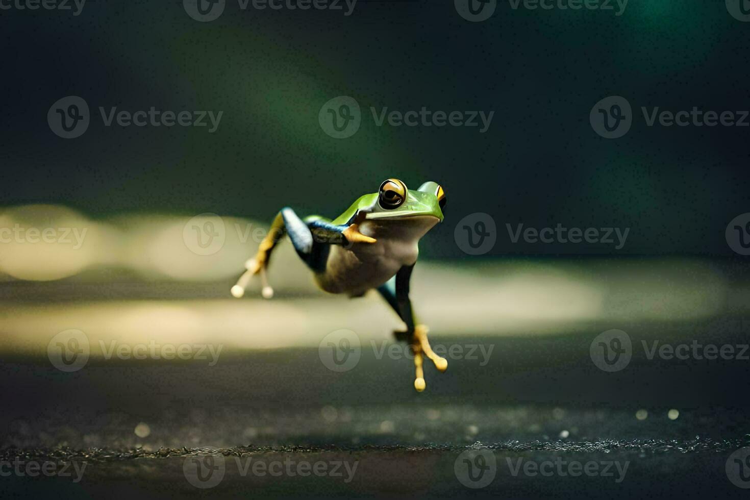 a frog jumping in the air on a dark background. AI-Generated photo