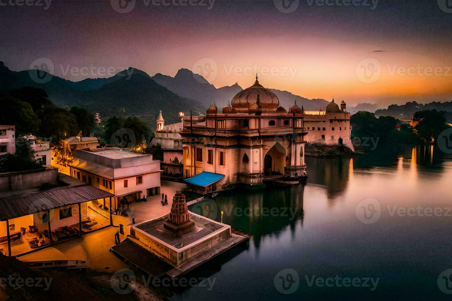 el puesta de sol terminado el lago en India. generado por ai foto