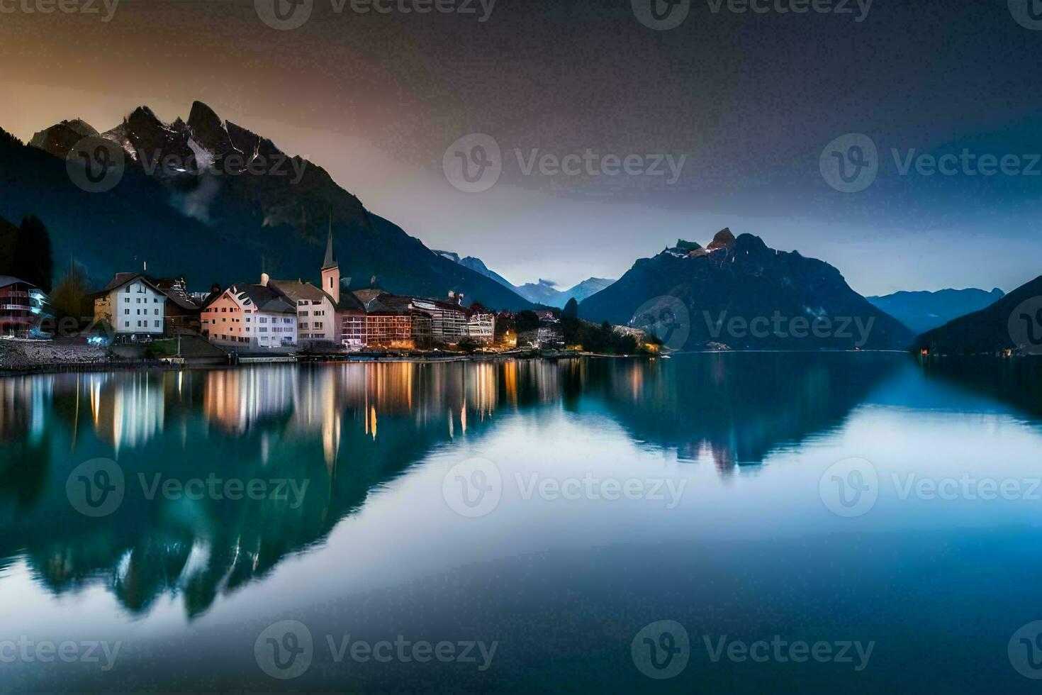a lake and mountains at dusk. AI-Generated photo