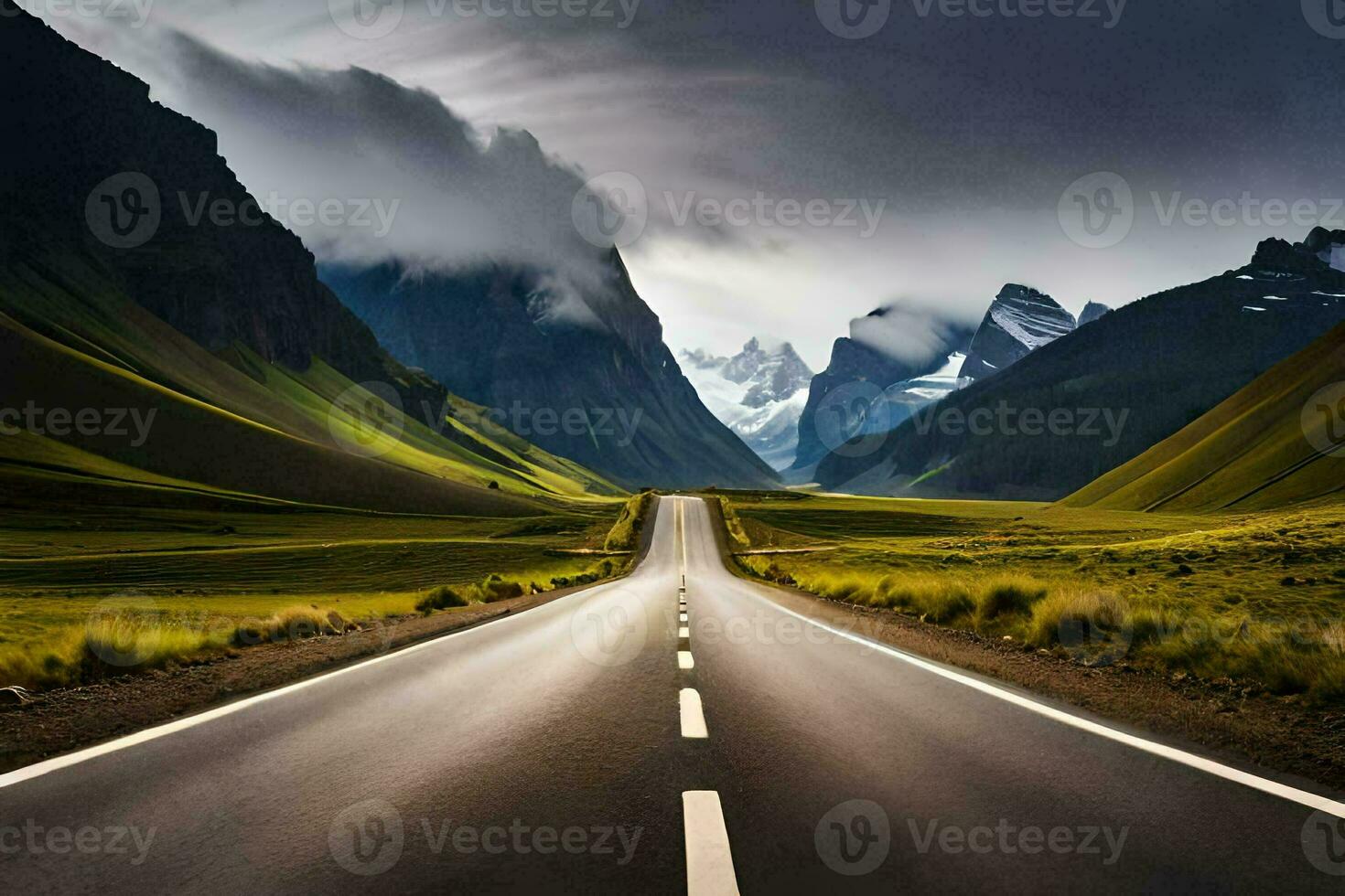 a long road with mountains in the background. AI-Generated photo