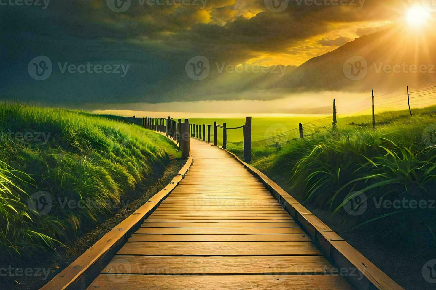 a wooden path leads to a grassy field with sun shining through the clouds. AI-Generated photo