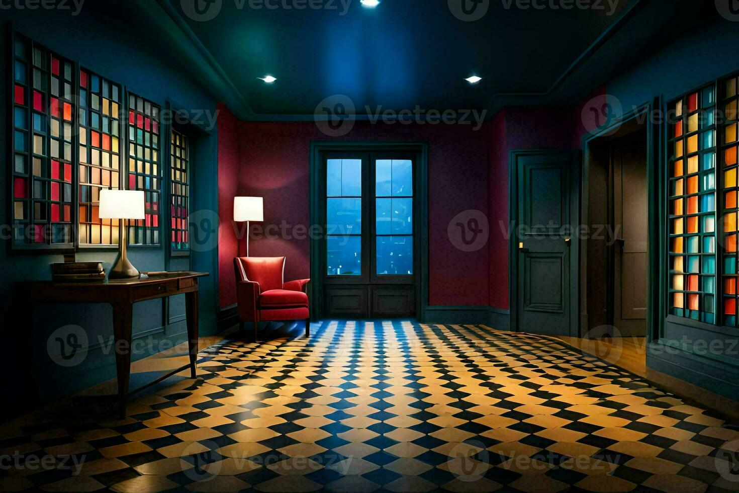 a room with a checkered floor and a red chair. AI-Generated photo