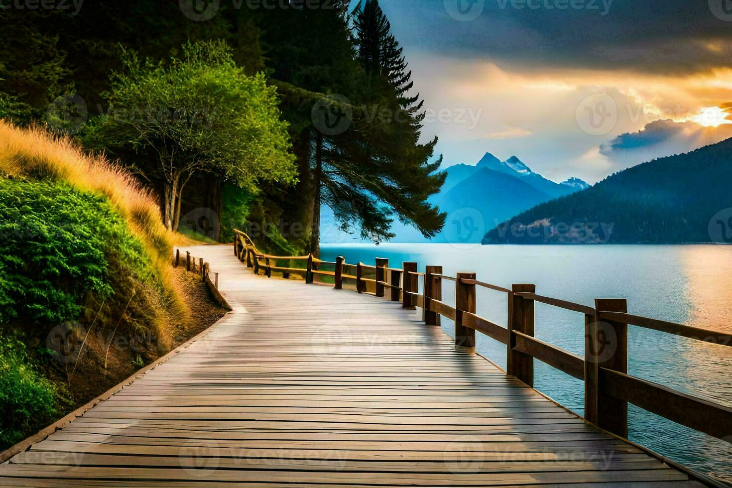 a wooden walkway leads to a lake and mountains. AI-Generated photo