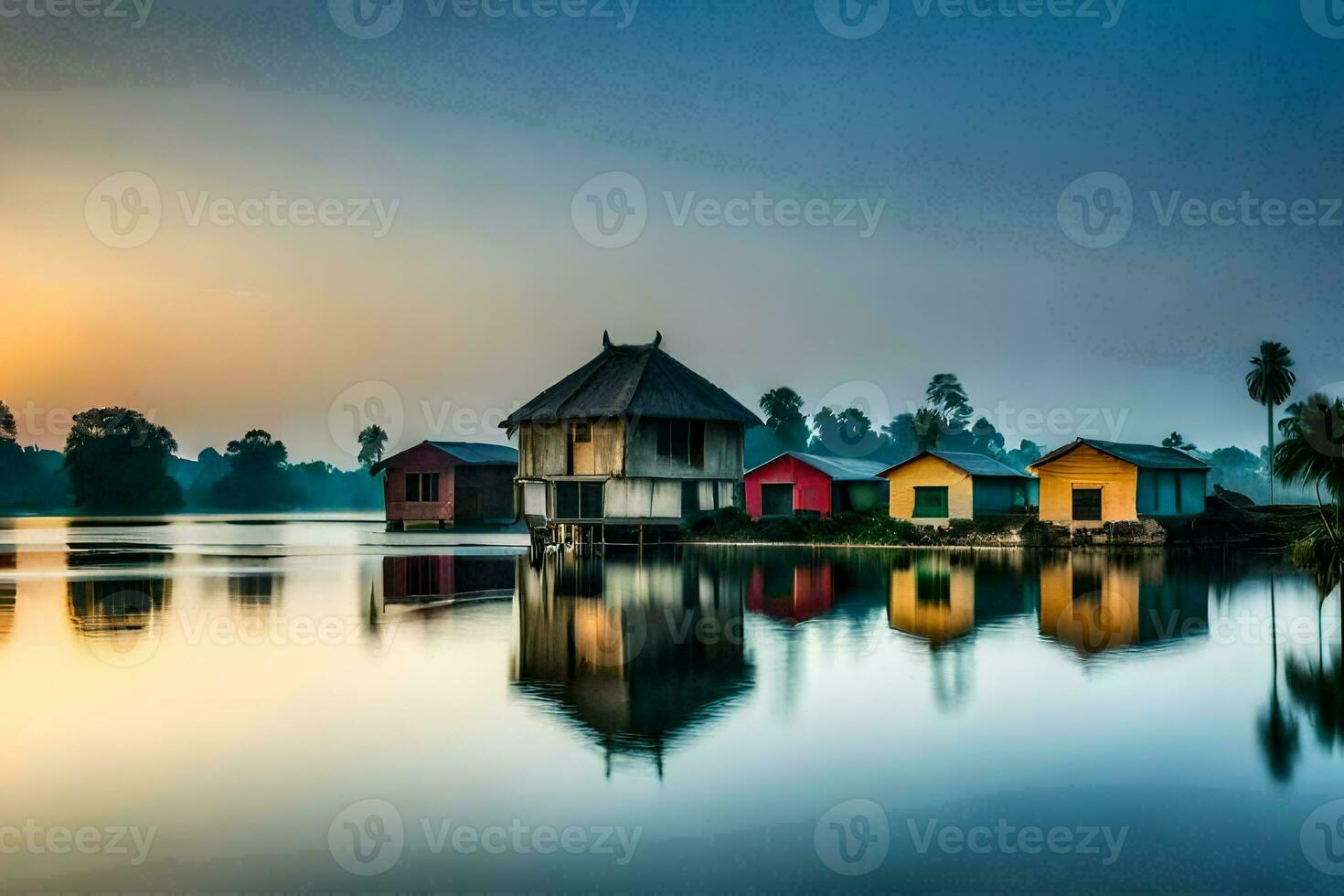 colorful houses on the water at sunrise. AI-Generated photo