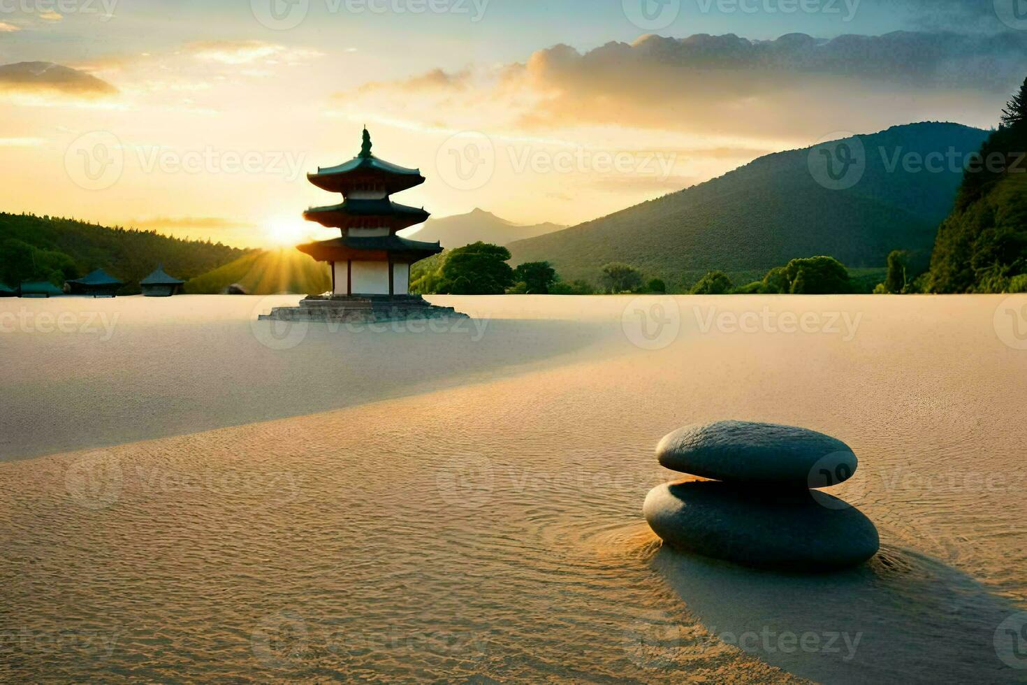 a pagoda and rocks in the sand at sunset. AI-Generated photo