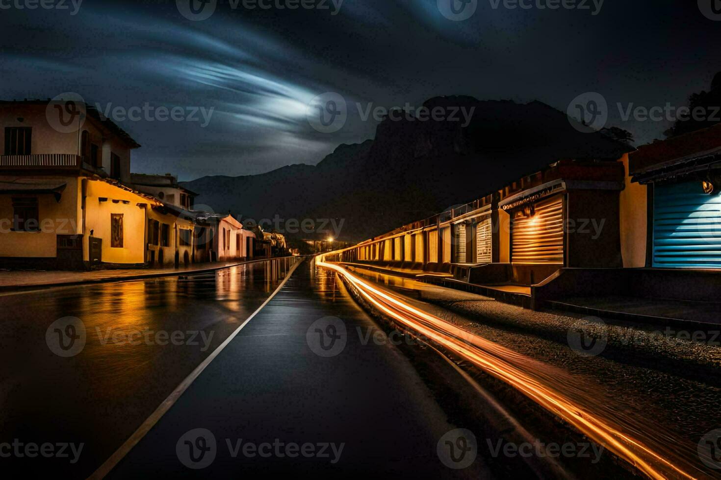 un largo exposición foto de un calle a noche. generado por ai