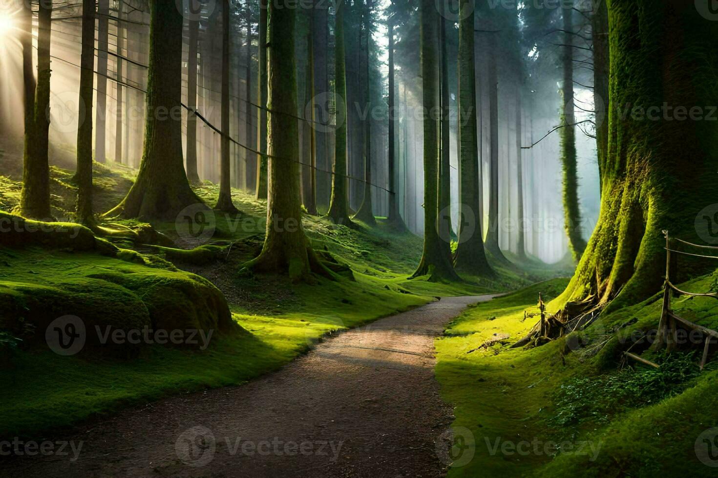 a path through a forest with trees and moss. AI-Generated photo