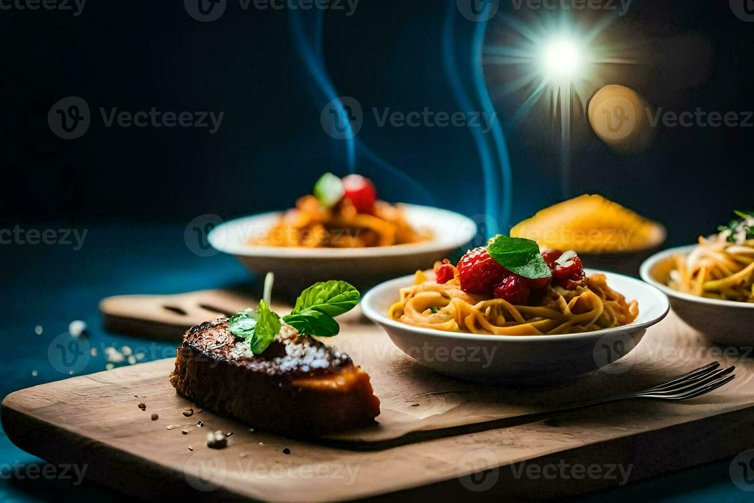 three bowls of pasta with sauce and bread on a wooden board. AI-Generated photo