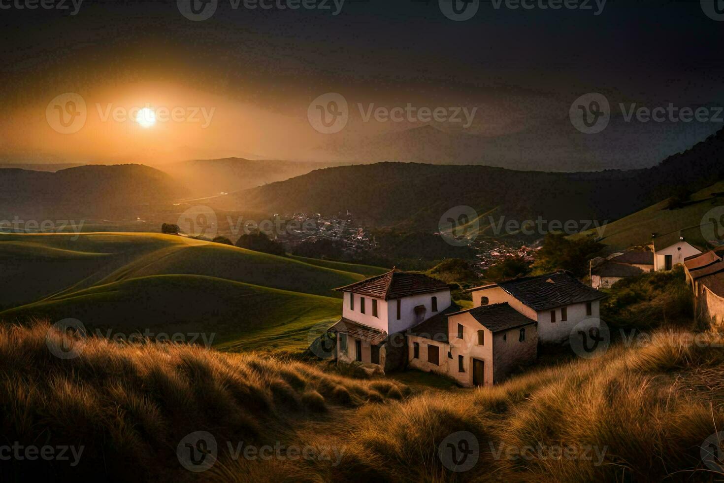 un hermosa puesta de sol terminado un pequeño aldea. generado por ai foto