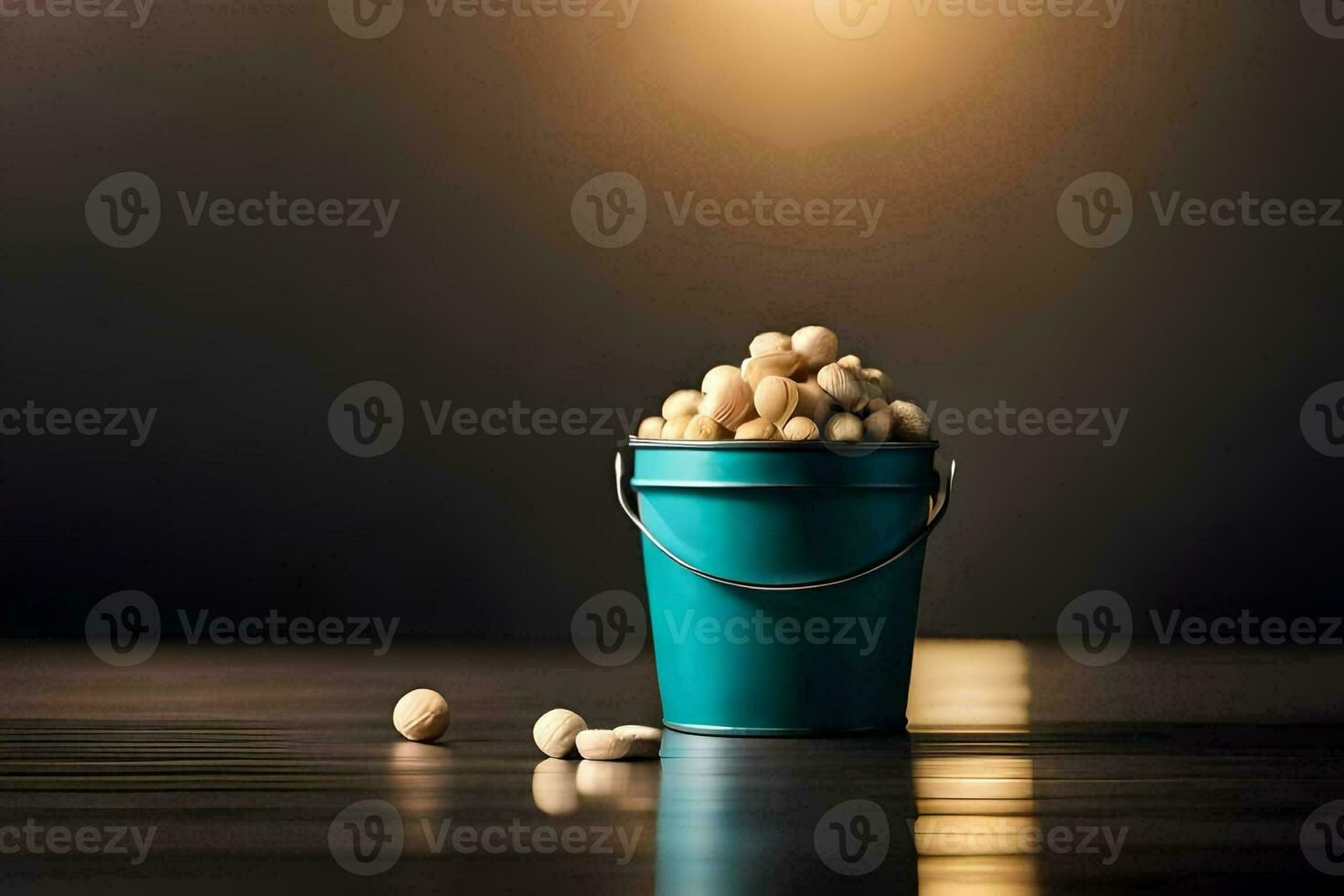 a bucket filled with peanuts on a table. AI-Generated photo