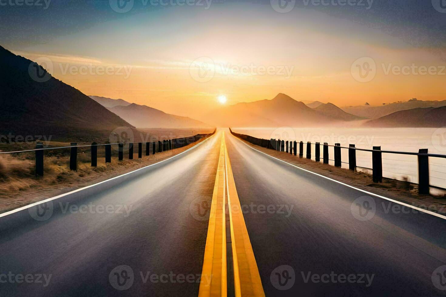 a long road with the sun setting behind it. AI-Generated photo