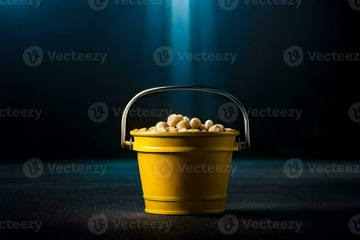 a yellow bucket filled with peanuts on a dark background. AI-Generated photo