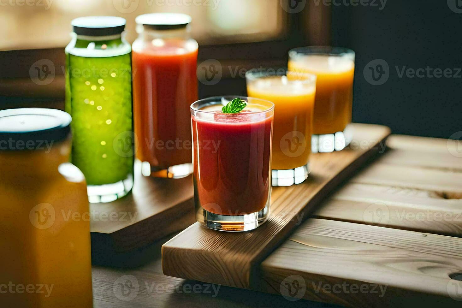 a tray of juices and juices on a wooden table. AI-Generated photo